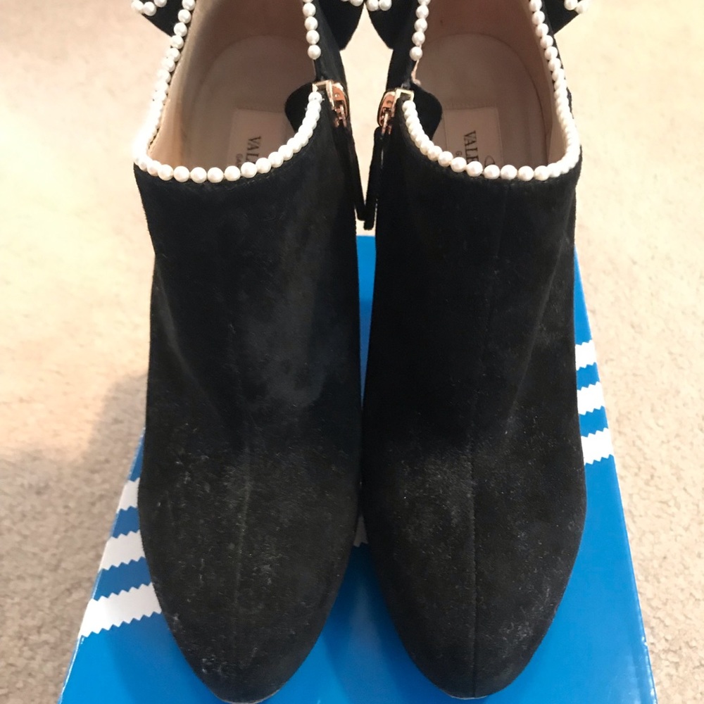 Valentino Black Suede Pearl Bow Ankle Booties